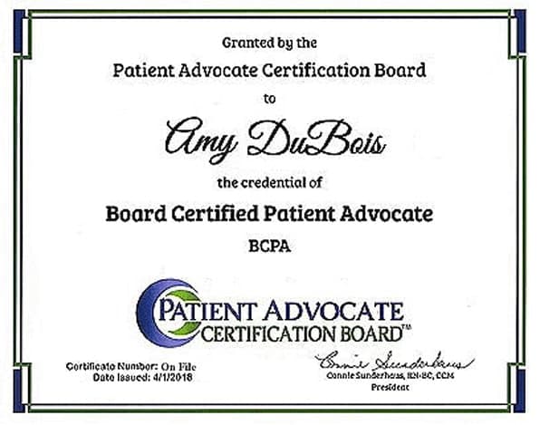 Board Certified Patient Advocate certificate granted to Amy DuBois by the Patient Advocate Certification Board